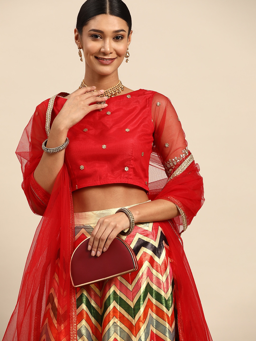 

Sangria Red & Beige Embroidered Sequinned Semi-Stitched Lehenga & Unstitched Blouse With Dupatta