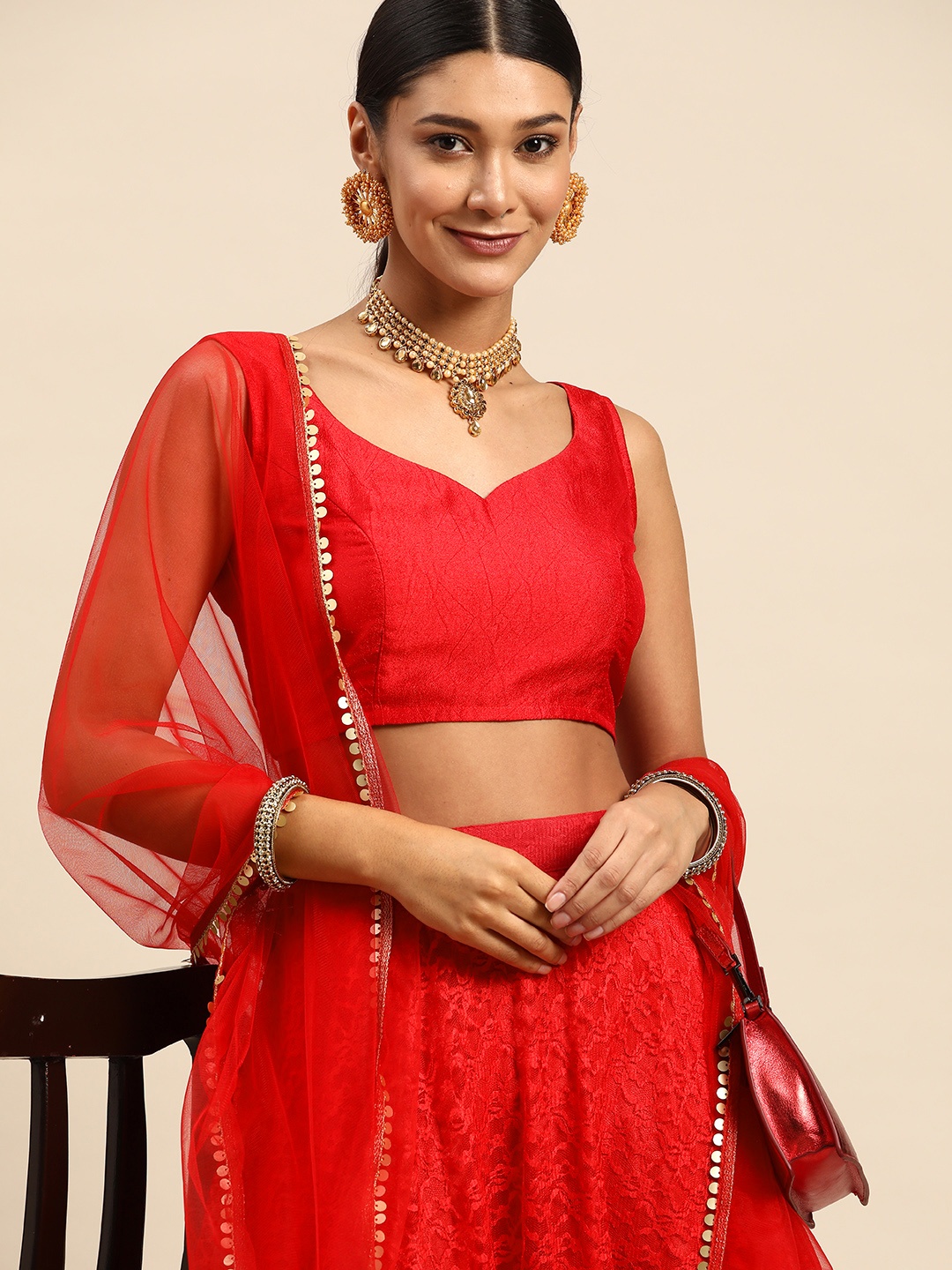 

Sangria Red Sequinned Semi-Stitched Lehenga & Unstitched Blouse With Dupatta