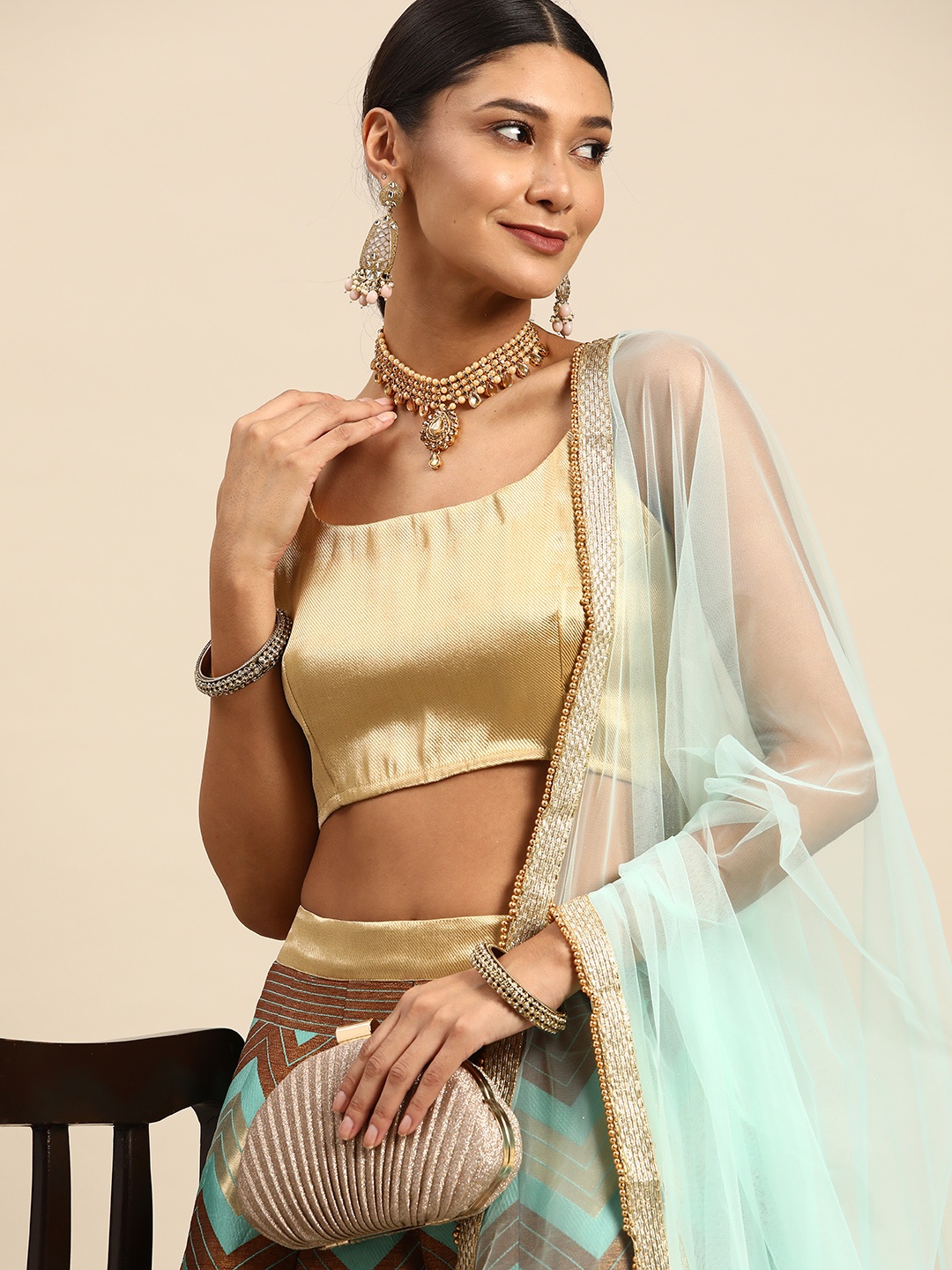 

Sangria Sea Green & Brown Ready to Wear Lehenga & Unstitched Blouse With Dupatta