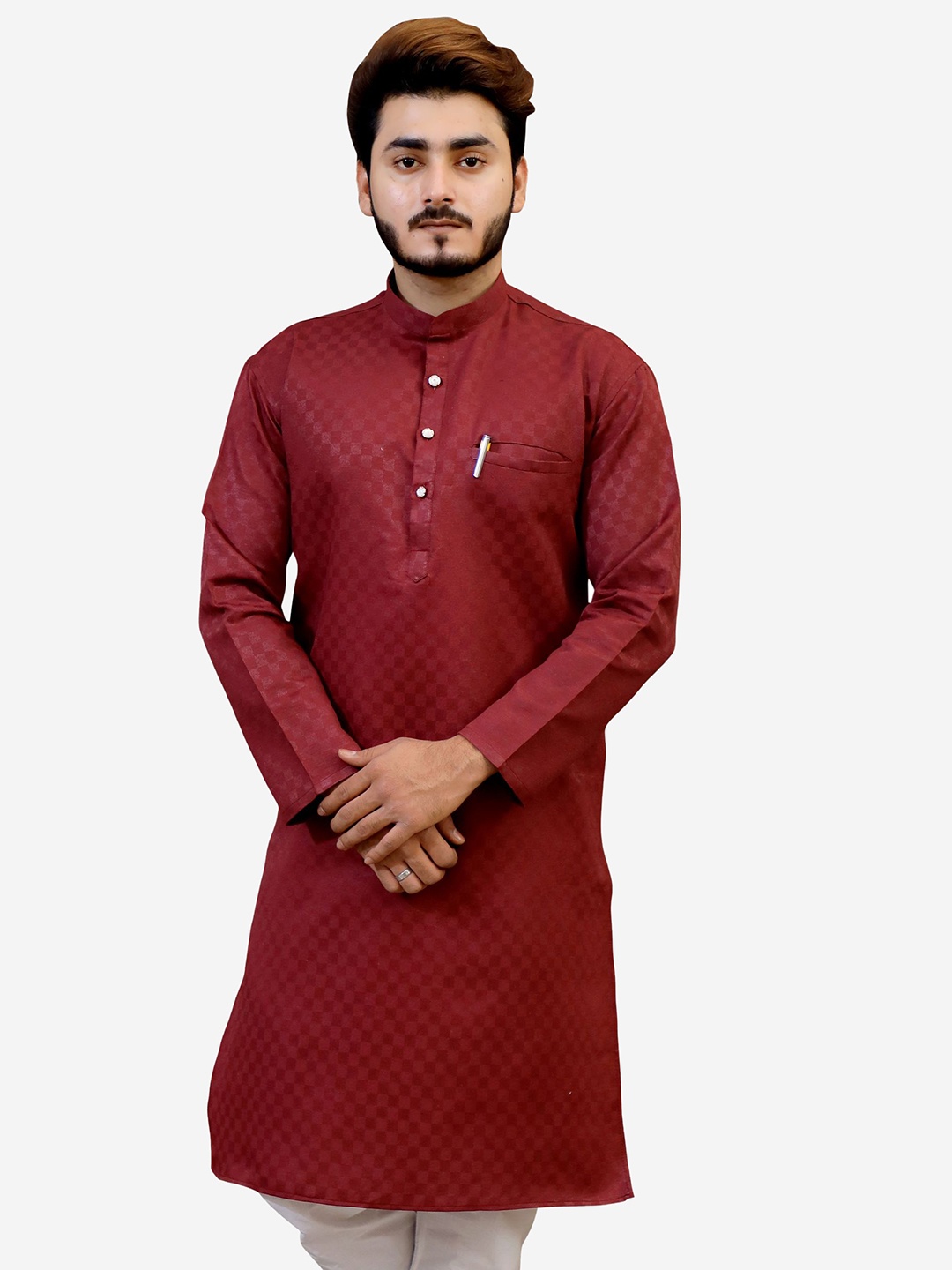 

Tibra Collection Men Maroon Thread Work Dobby Kurta