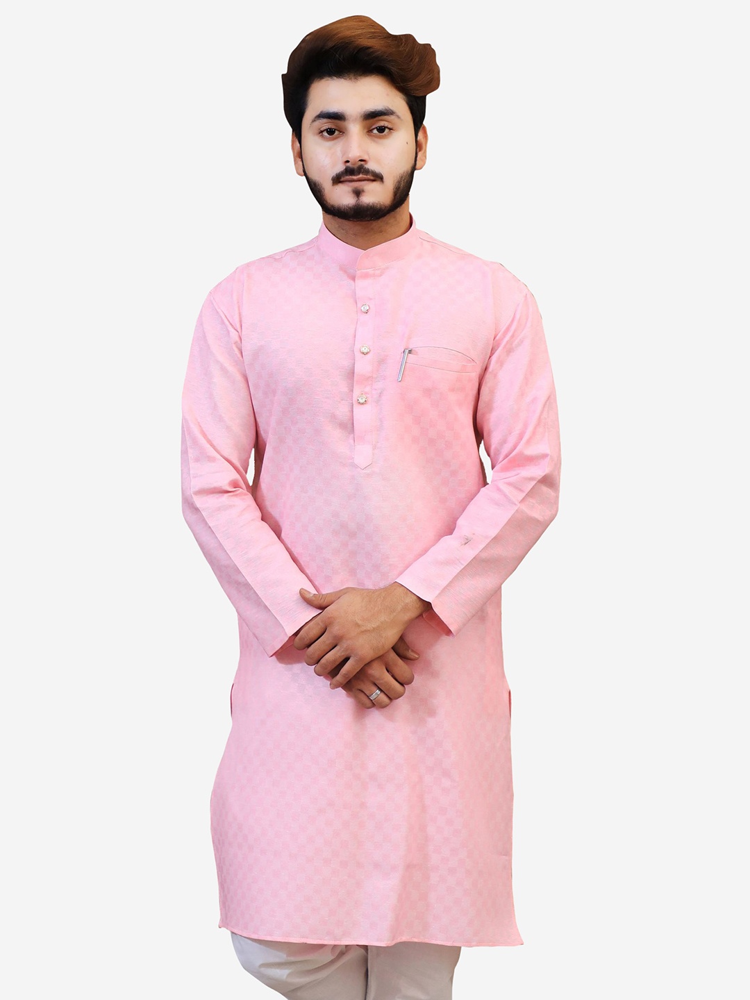 

Tibra Collection Men Pink Checked Dobby Kurta