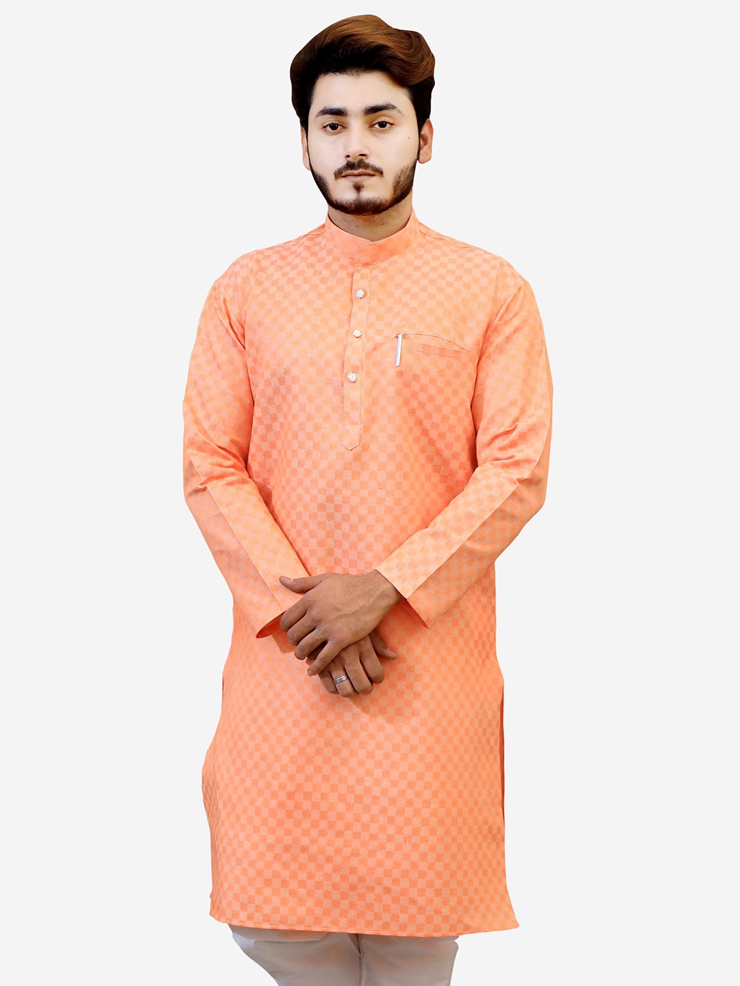 

Tibra Collection Men Coral Checked Dobby Kurta