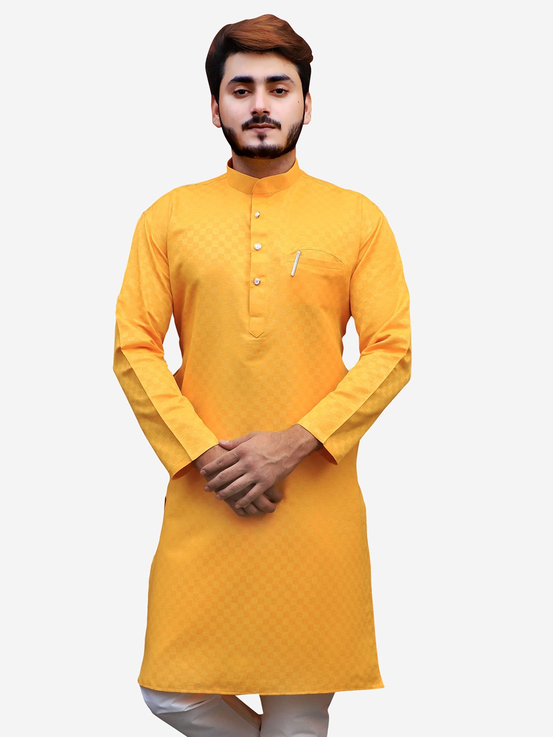 

Tibra Collection Men Yellow Dobby Kurta