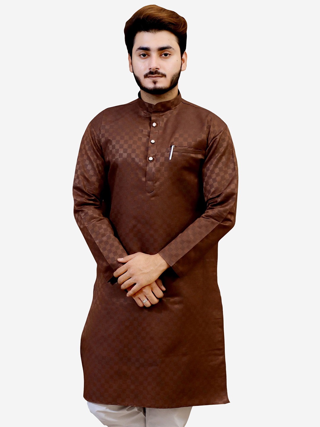 

Tibra Collection Men Brown Checked Thread Work Dobby Kurta