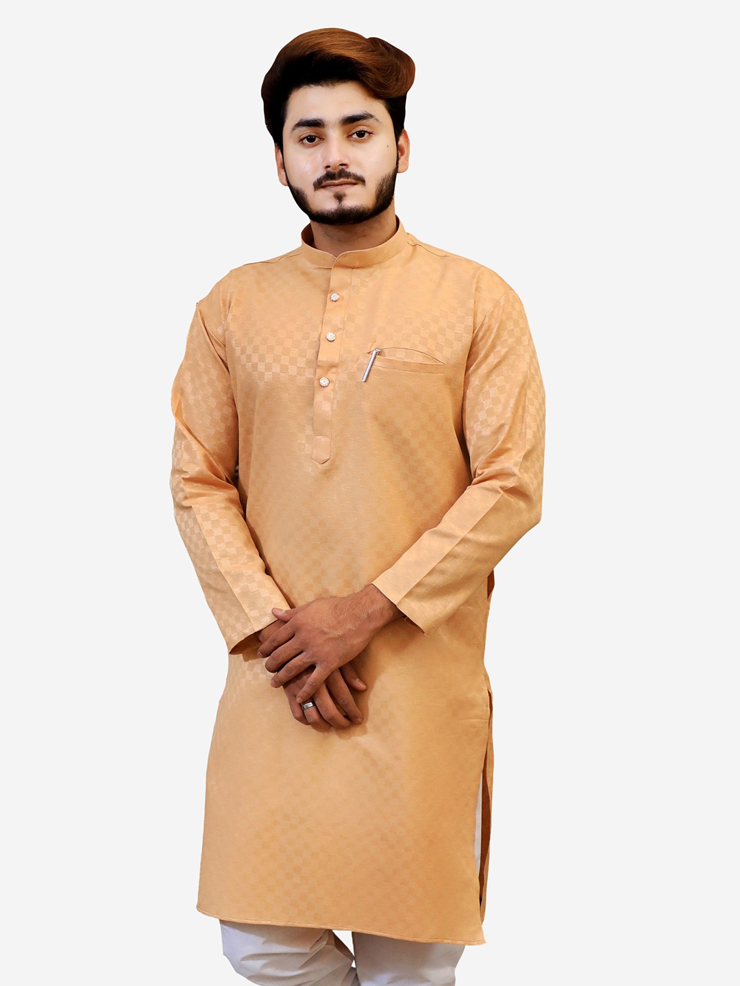 

Tibra Collection Men Beige Checked Dobby Kurta