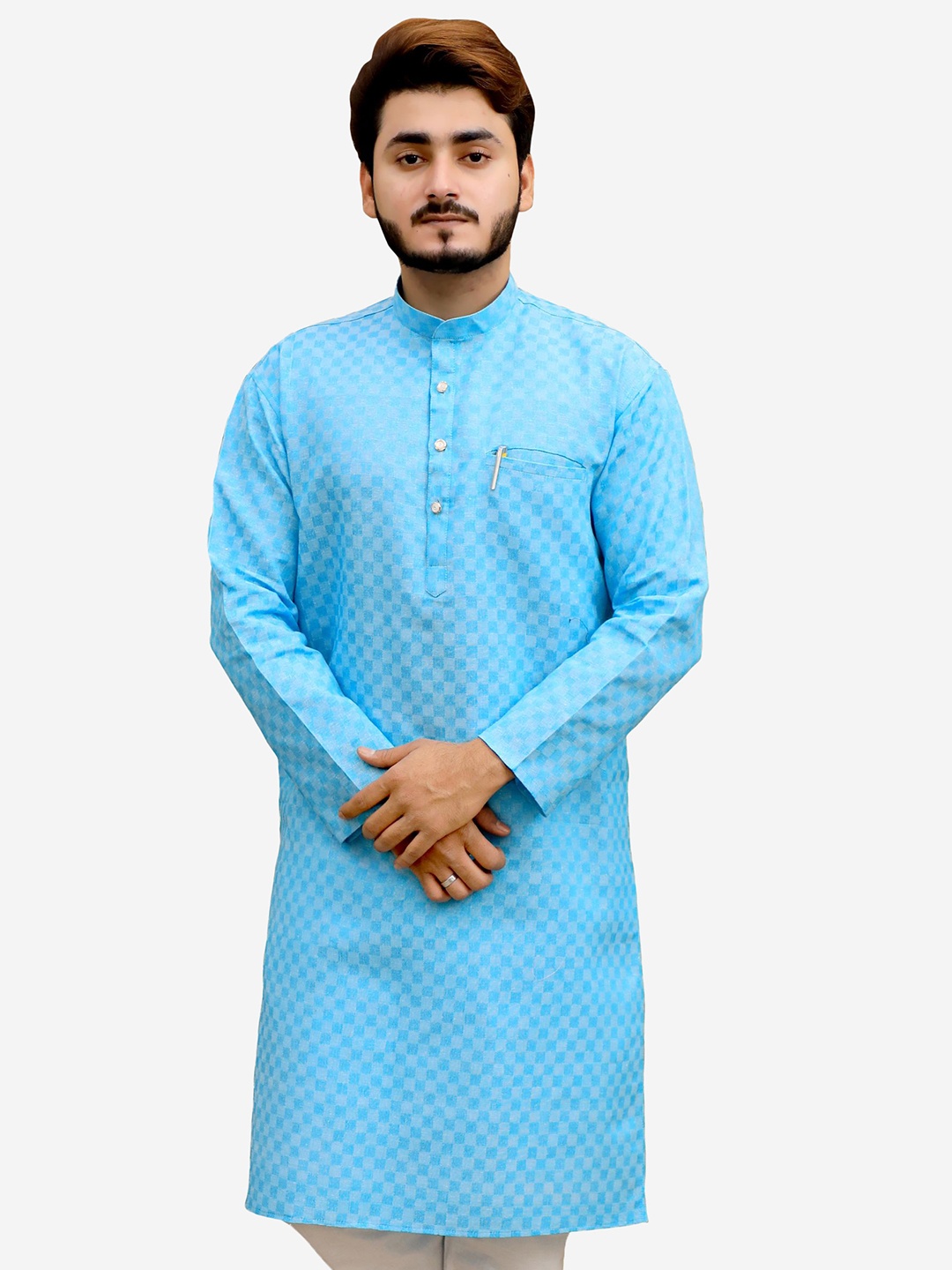 

Tibra Collection Men Blue Checked Dobby Kurta