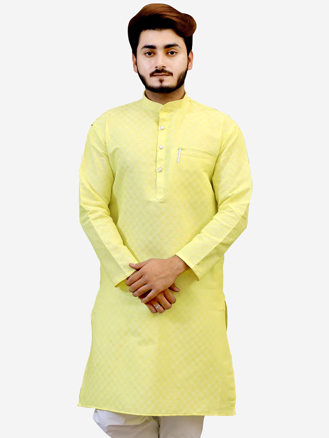 

Tibra Collection Men Lime Green Checked Cotton Dobby Kurta