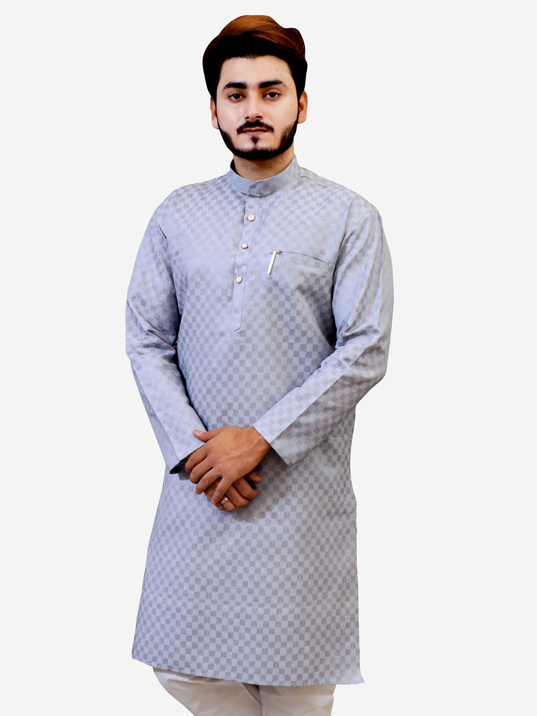 

Tibra Collection Men Grey Checked Dobby Kurta