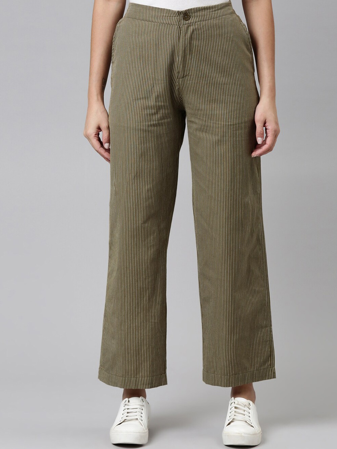 

Go Colors Women Olive Green Striped Relaxed Linen Trousers