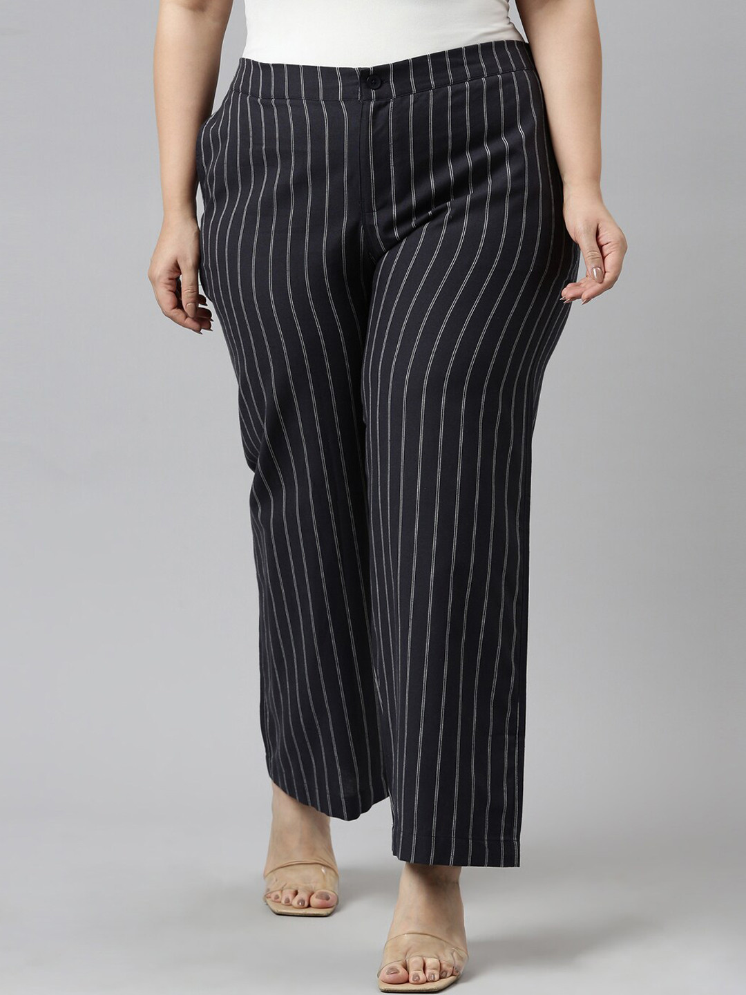 

Go Colors Women Navy Blue Striped Relaxed Trousers