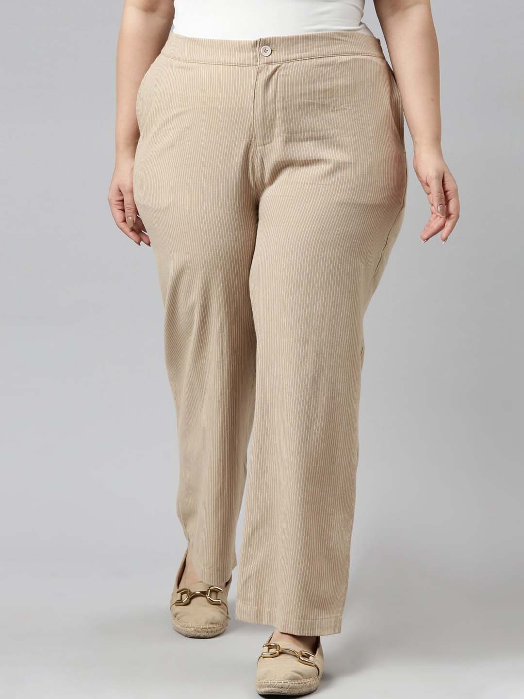 

Go Colors Plus Size Women Beige Striped Relaxed Trousers