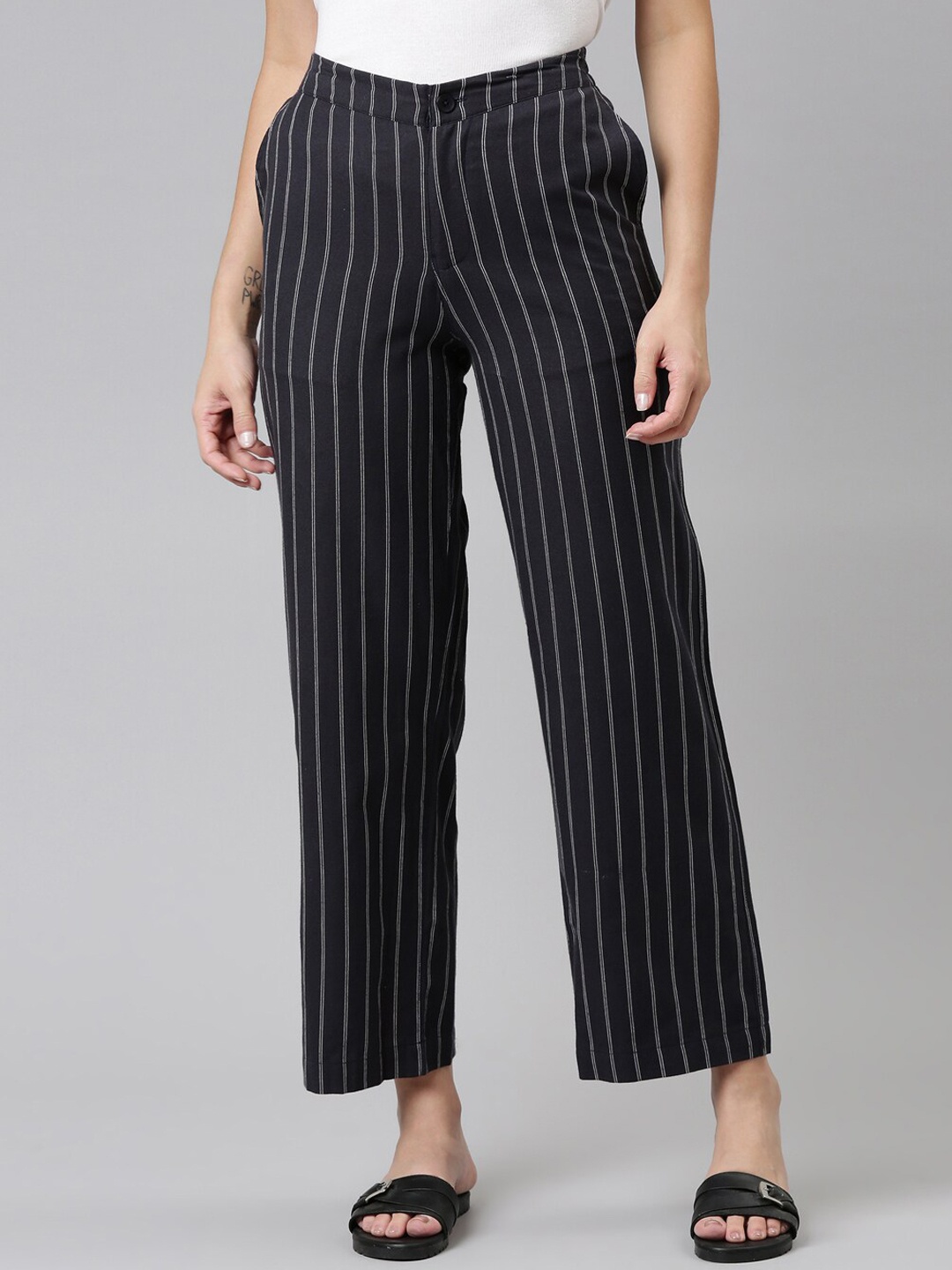

Go Colors Women Navy Blue Striped Relaxed Trouser