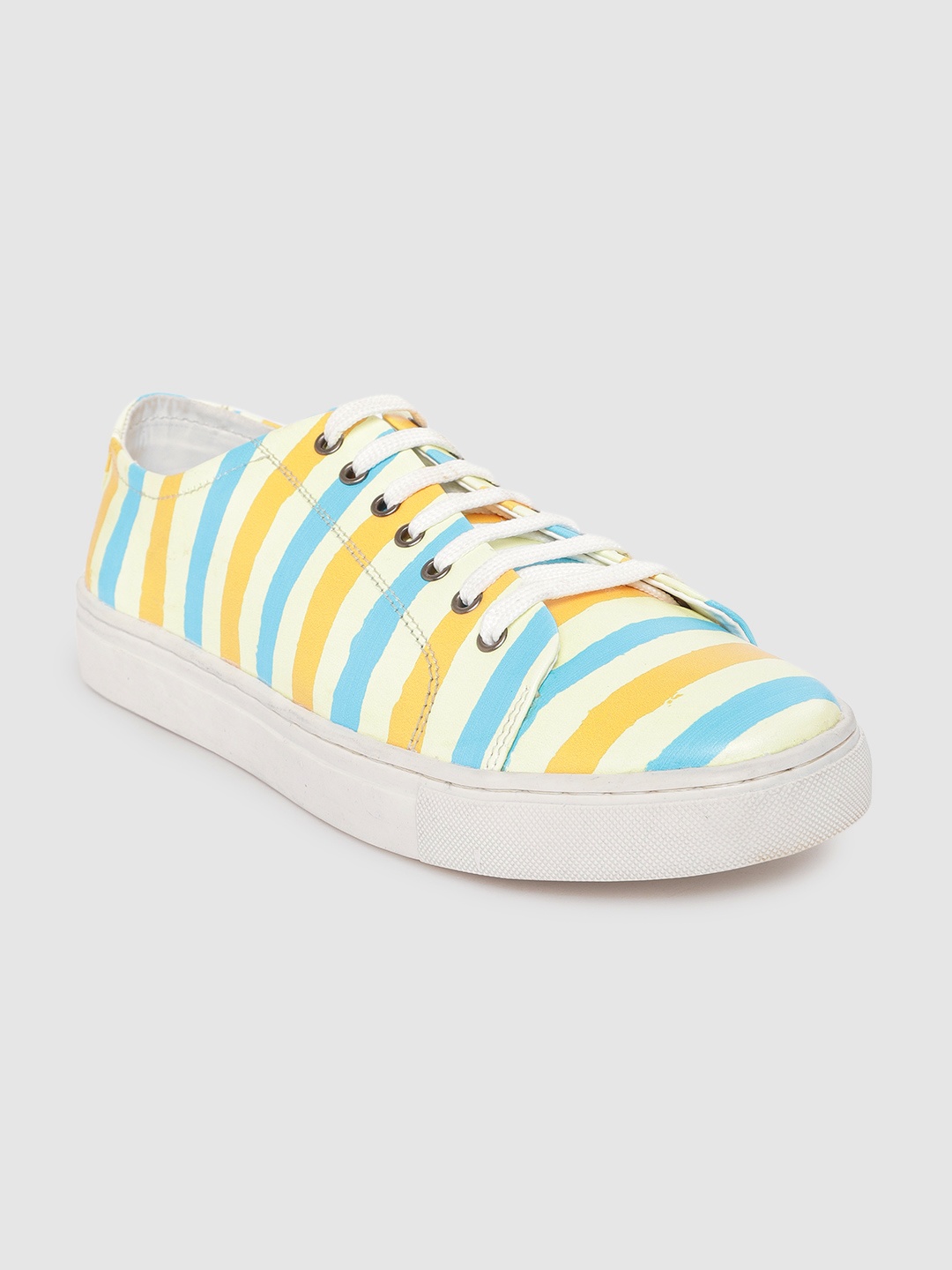 

CLOG LONDON Men Yellow & Turquoise Blue Striped Sneakers