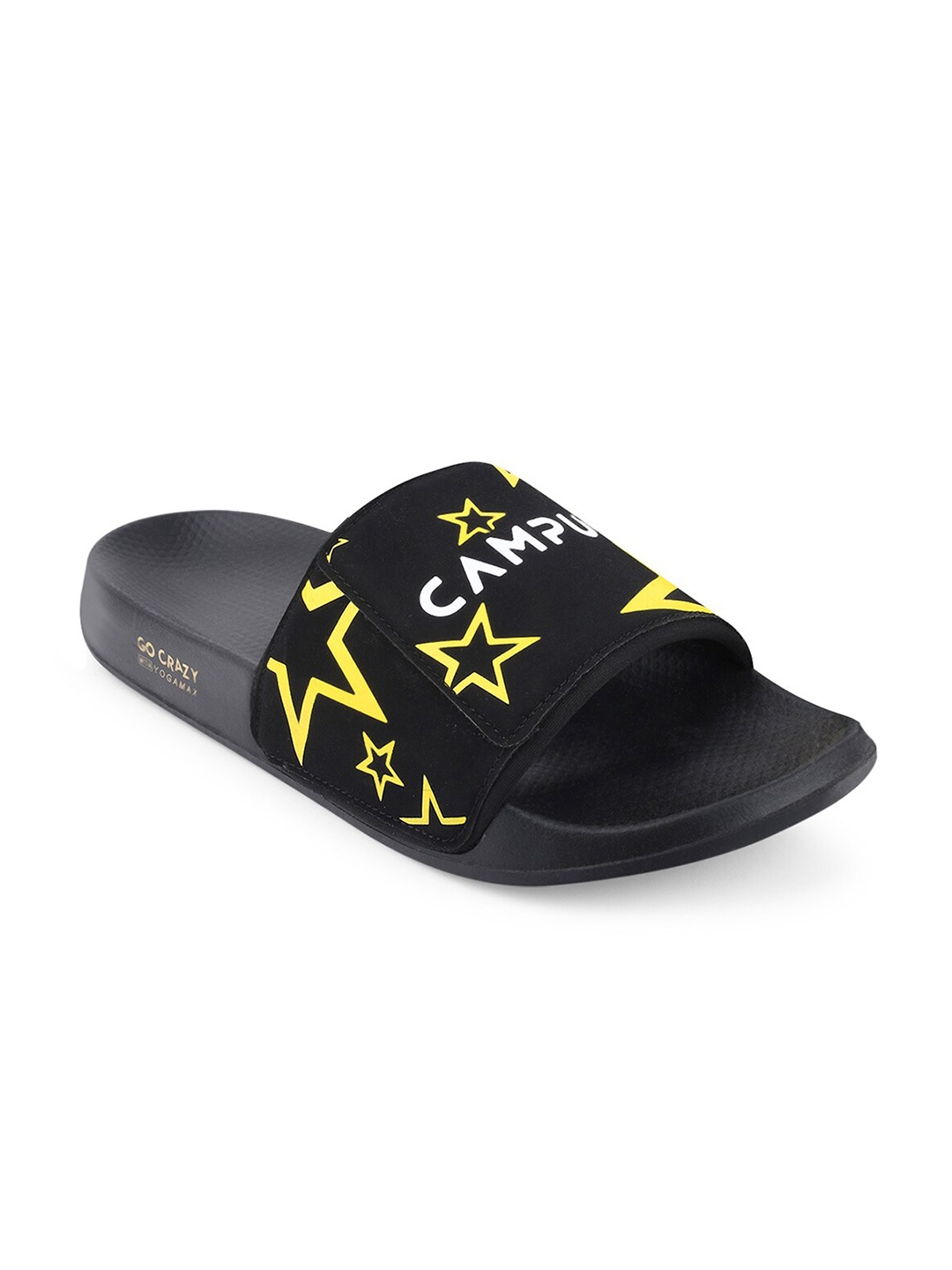 

Campus Men Black & Yellow Printed Rubber Sliders