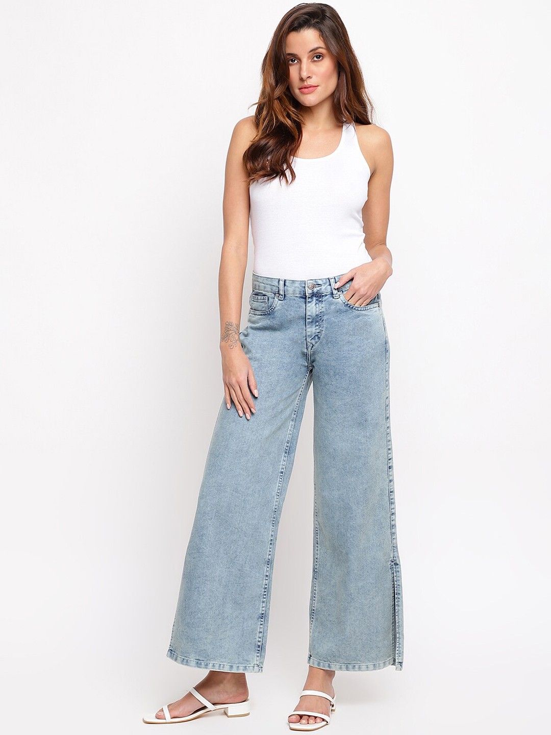 

TALES & STORIES Women Blue Flared Stretchable Jeans with Side Slit