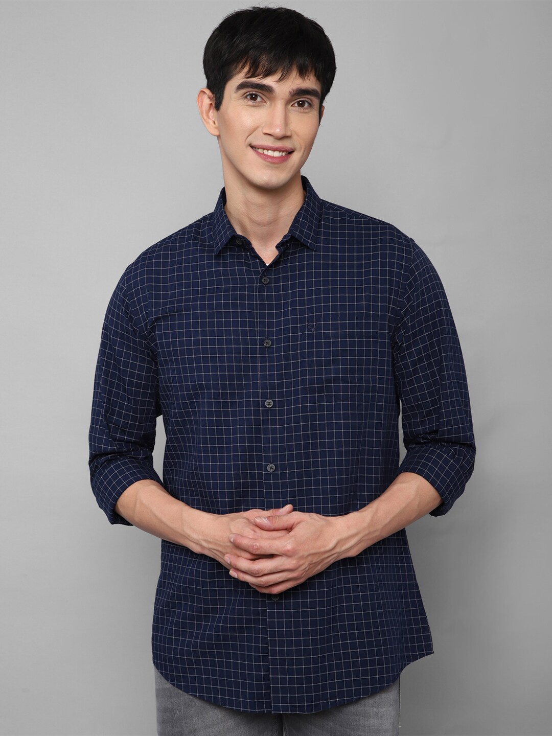 

Allen Solly Men Navy Blue Slim Fit Grid Tattersall Checks Checked Casual Shirt