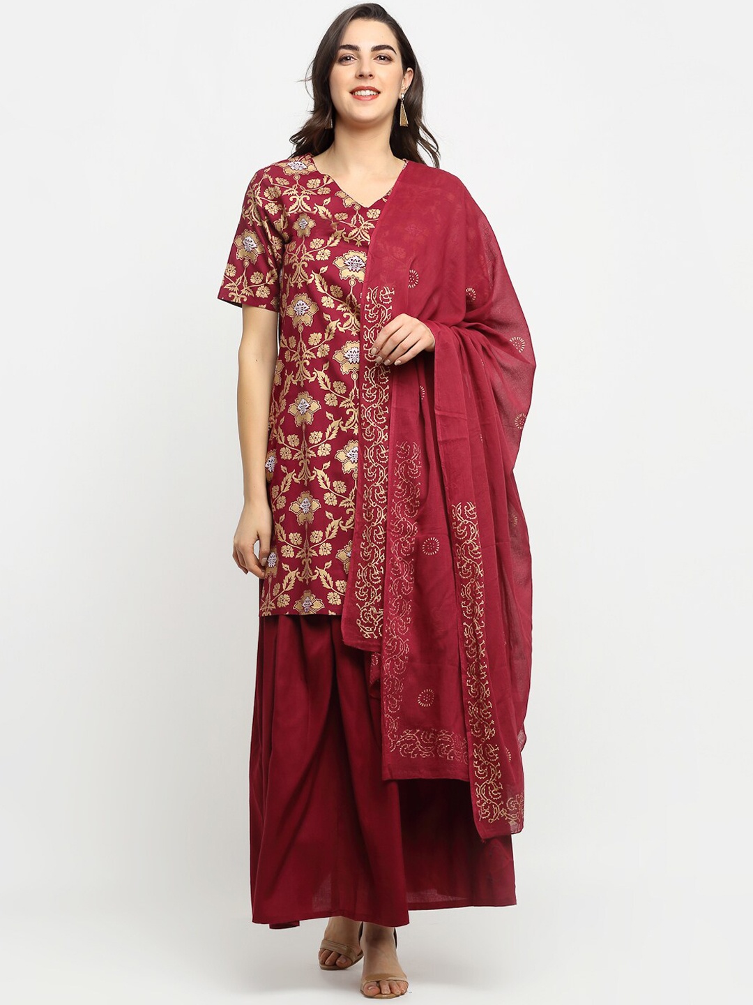 

Rudra Bazaar Women Maroon Ethnic Motifs Embroidered Kurti with Palazzos & With Dupatta