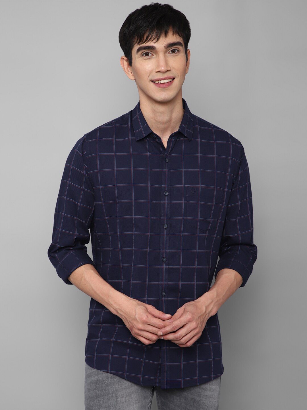 

Allen Solly Men Navy Blue Slim Fit Windowpane Checks Checked long sleeve Casual Shirt