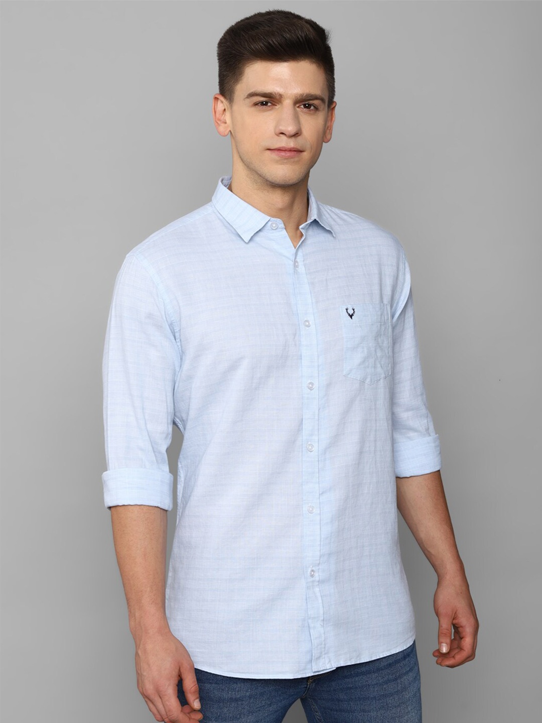 

Allen Solly Men Blue Slim Fit Grid Tattersall Checks Checked Cotton Linen Casual Shirt