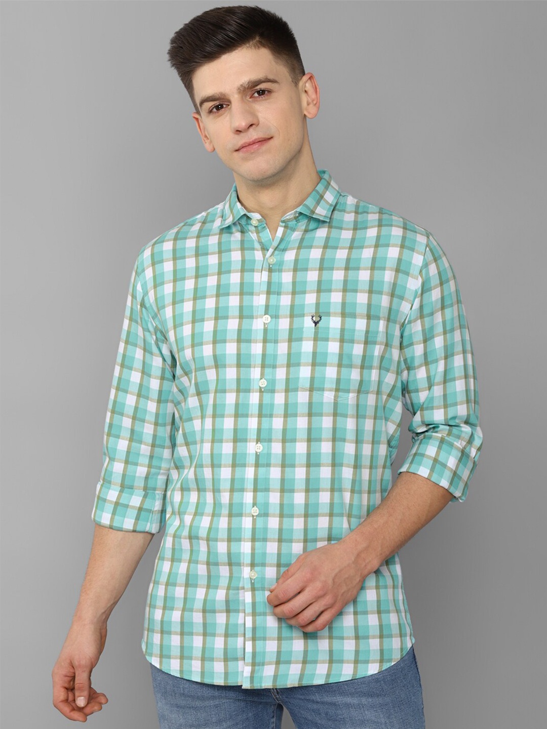 

Allen Solly Men Sea Green Slim Fit Checked Cotton Casual Shirt