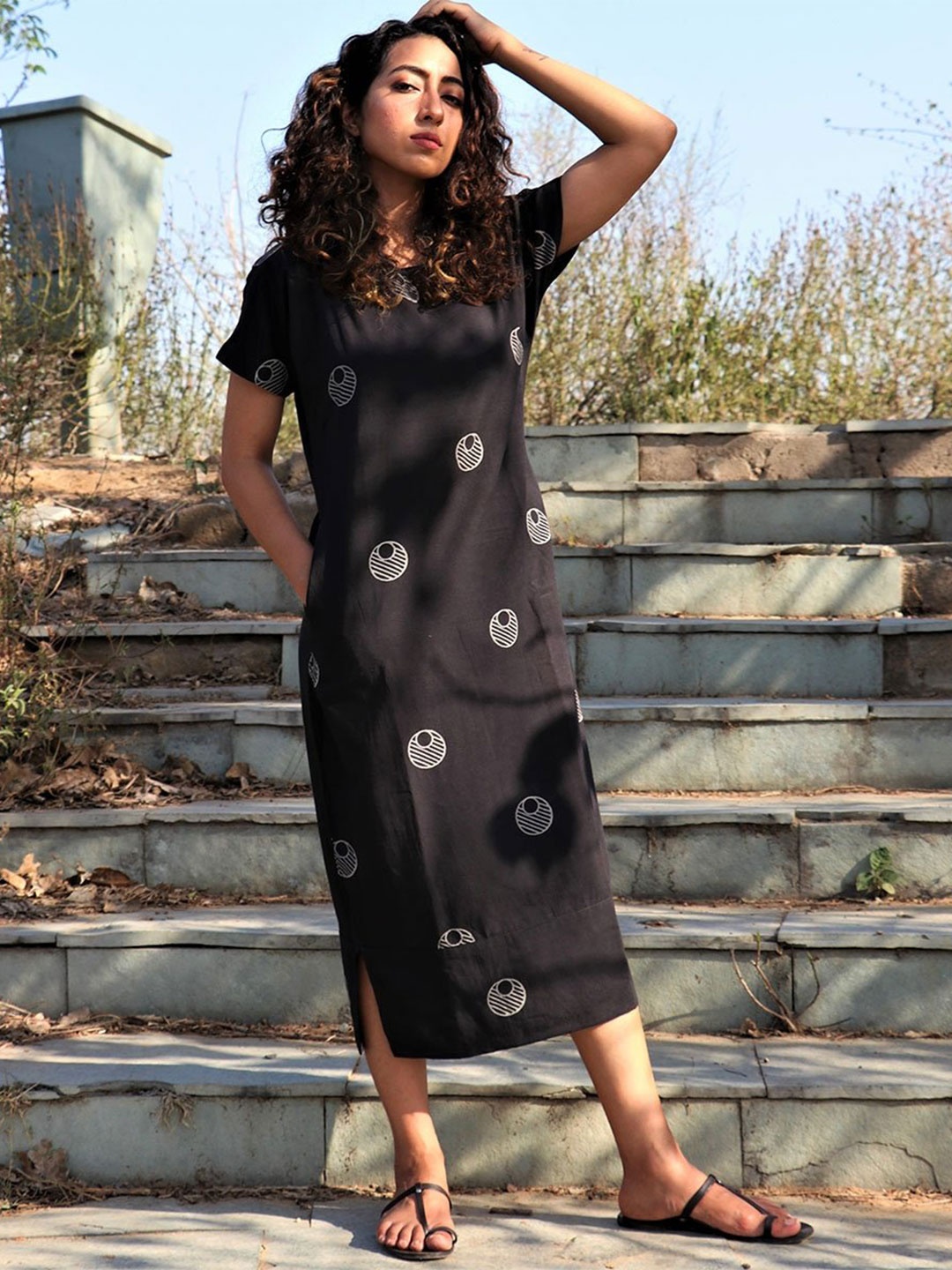 

Chidiyaa Women Black Block Printed A-Line Dress