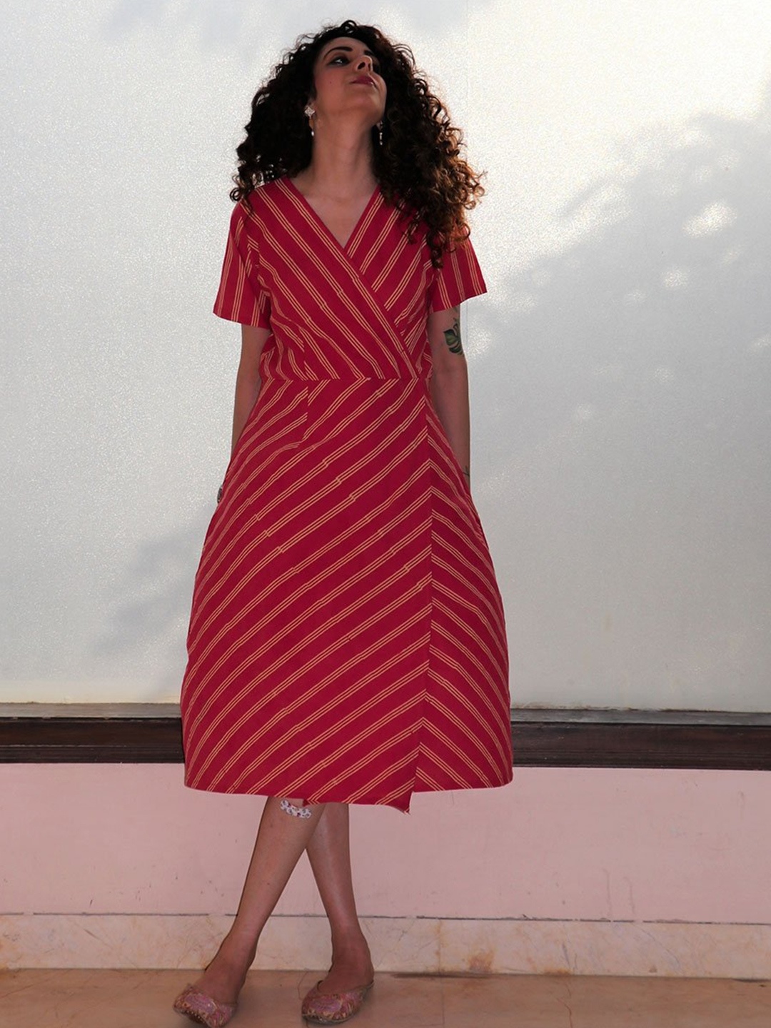 

Chidiyaa Pink Striped Block Printed Wrap Dress