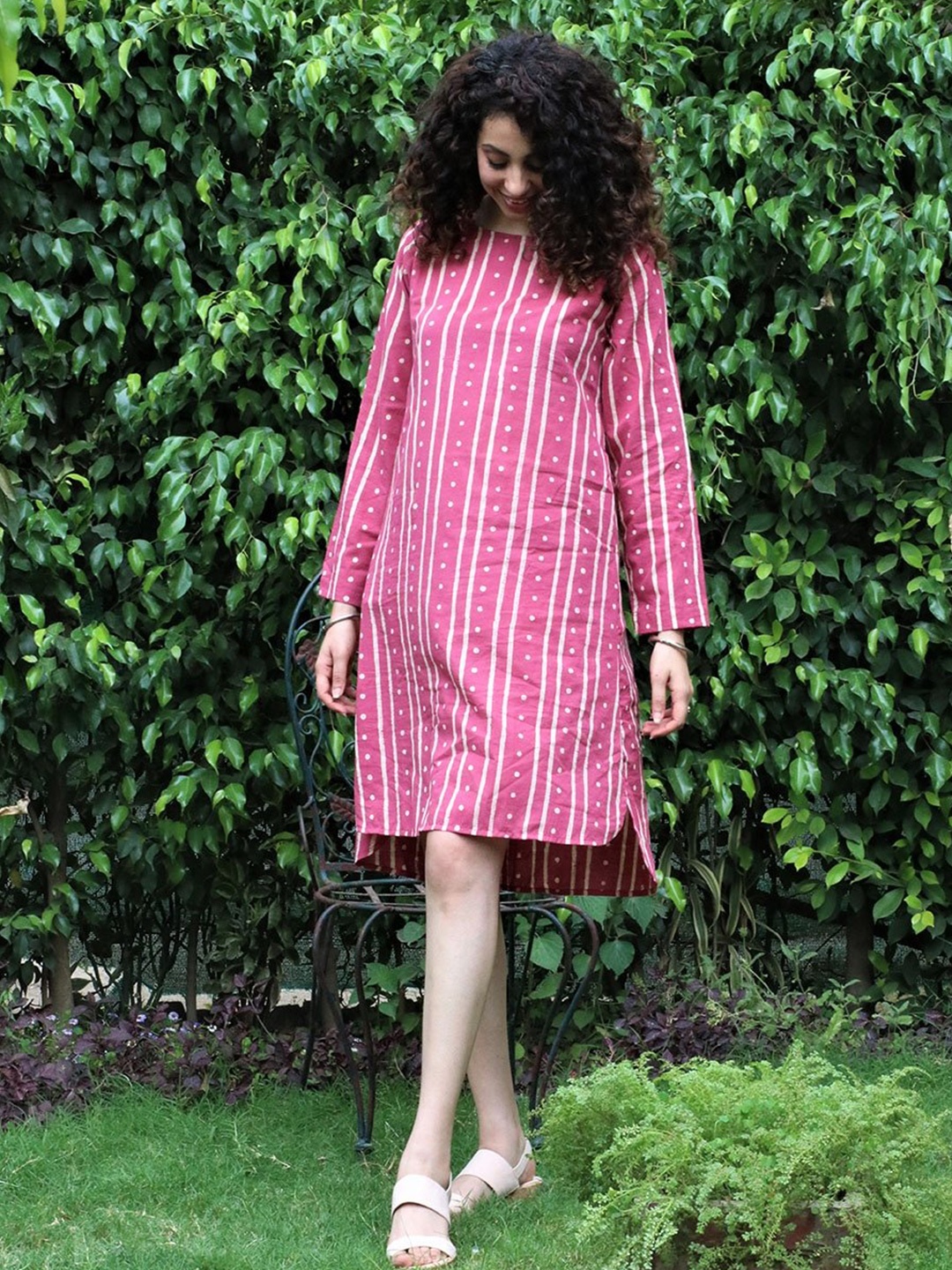 

Chidiyaa Pink & White Striped A-Line Dress