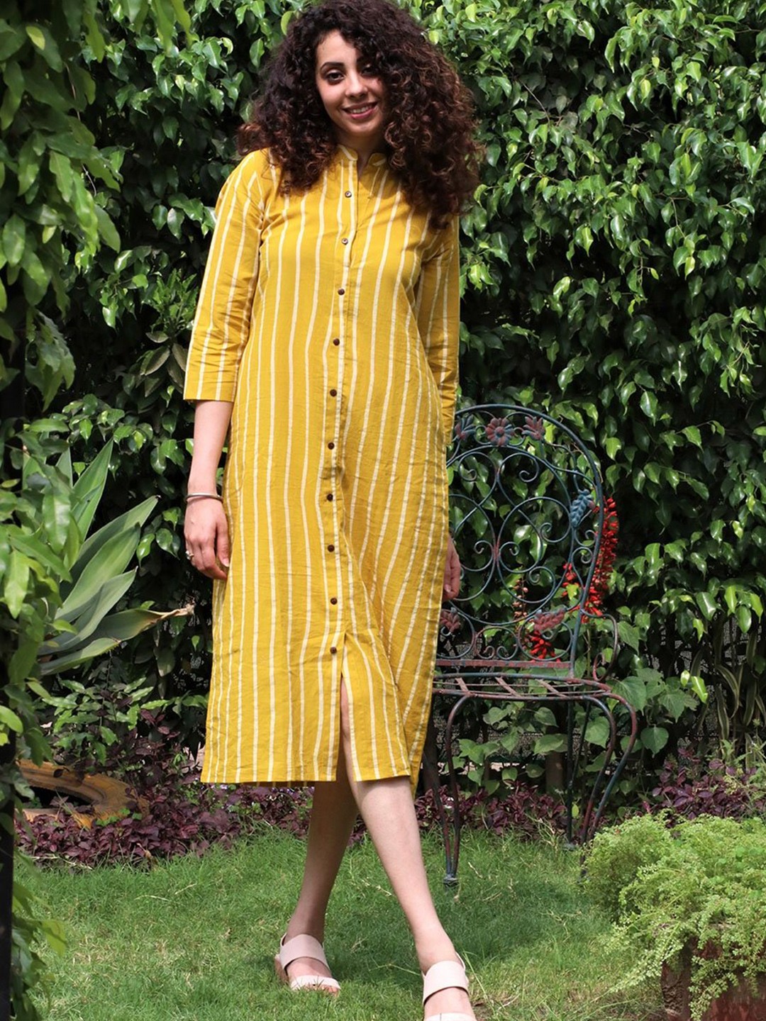 

Chidiyaa Women Yellow Striped A-Line Front Open Midi Dress
