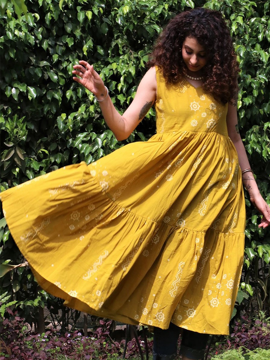 

Chidiyaa Yellow Tribal Block Printed Maxi Dress