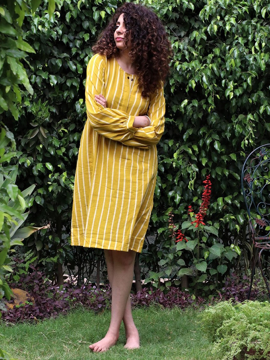 

Chidiyaa Yellow Striped A-Line Dress