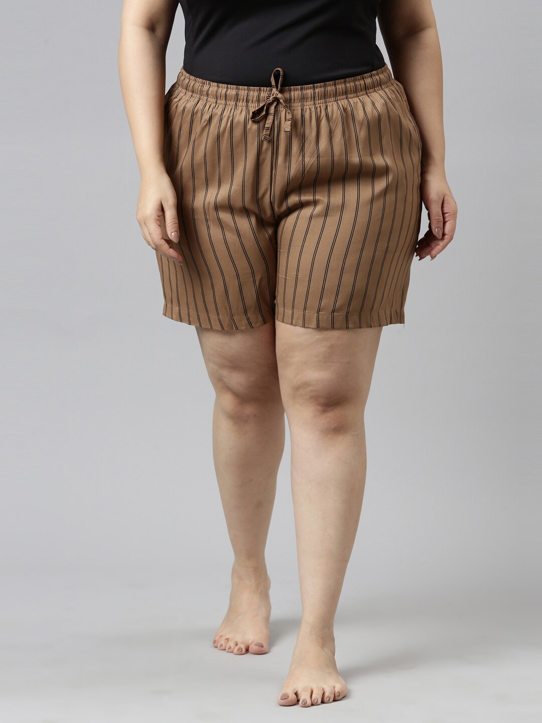 

Go Colors Women Plus Size Brown & Black Striped Lounge Shorts- 8905344121478