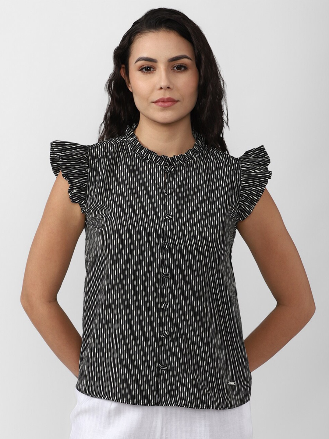 

Van Heusen Woman Women Black Geometric Printed Formal Shirt With Flutter Sleeves