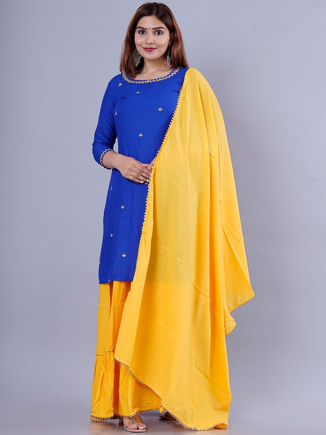

KALINI Women Blue Floral Embroidered Kurti with Skirt