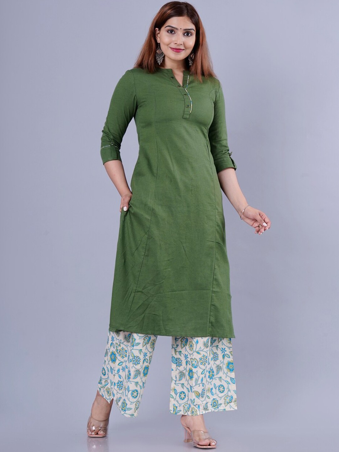 

KALINI Women Green Floral Pleated Kurti with Palazzos