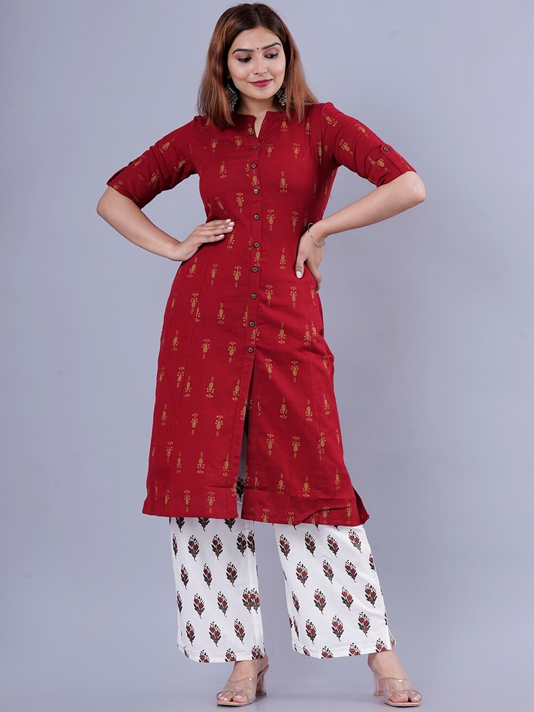 

KALINI Women Maroon Geometric & Floral Printed Kurta with Palazzos