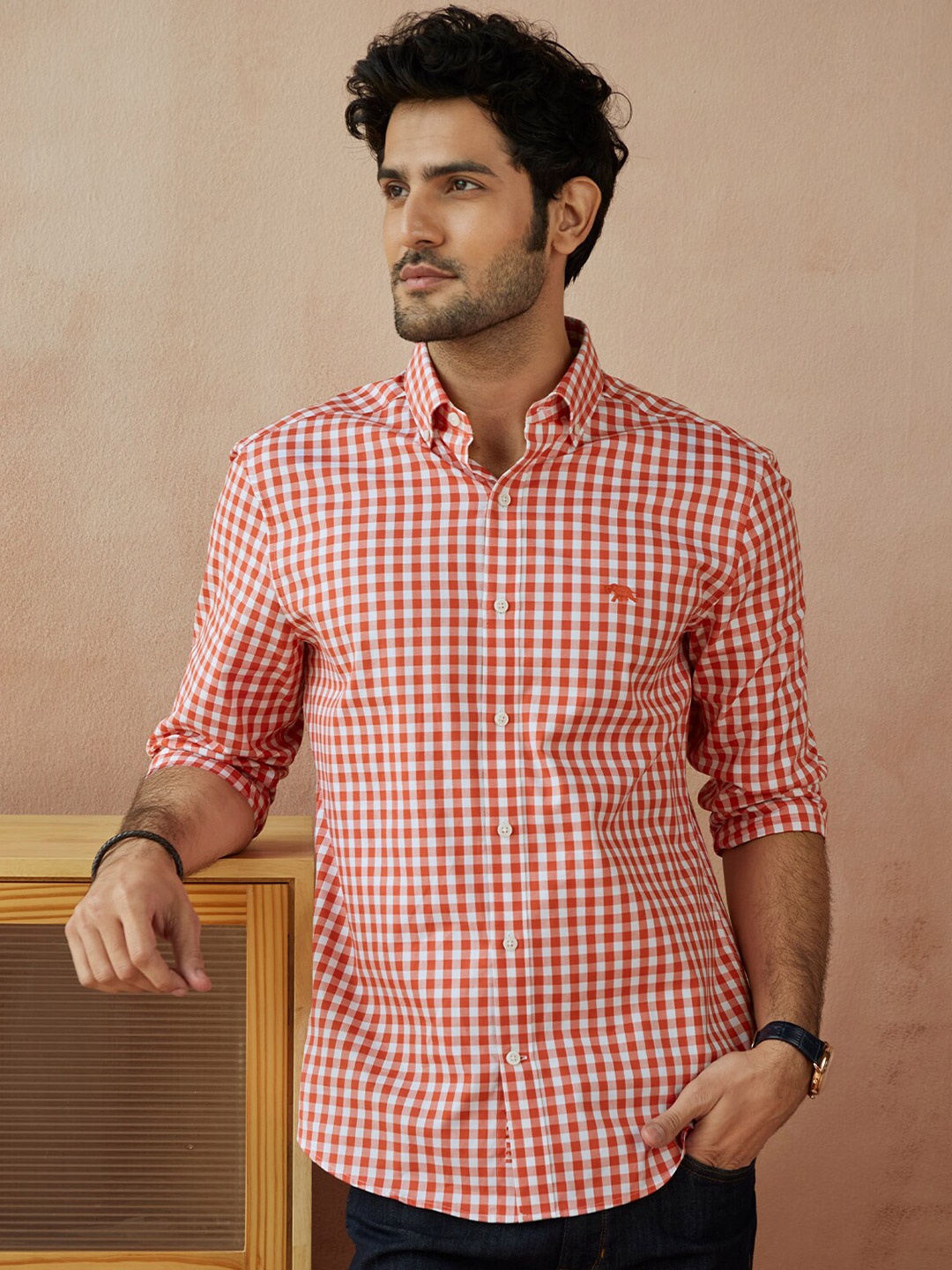 

Andamen Men Orange Gingham Checks Checked Casual Shirt