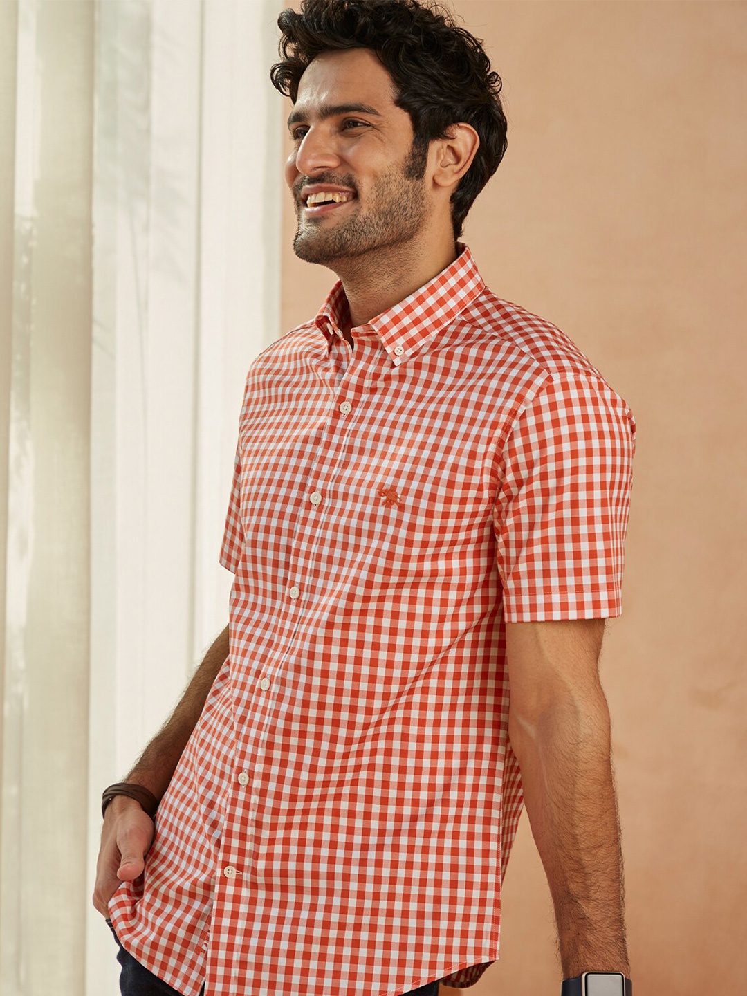 

Andamen Men Orange Gingham Checks Casual Shirt