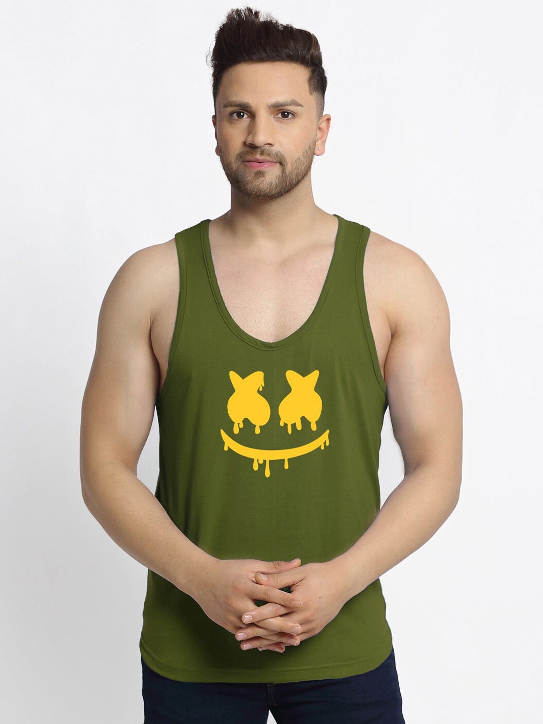 

Friskers Men Olive Printed Pure Cotton Gym Innerwear Vests