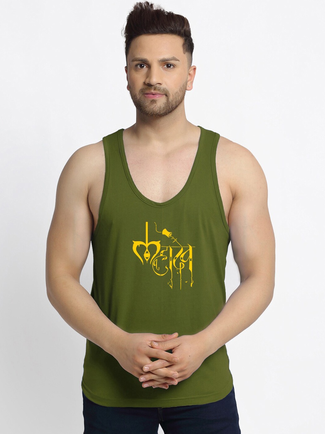 

Friskers Men Olive-Green & Yellow Mahadev Printed Pure Cotton Gym Vest