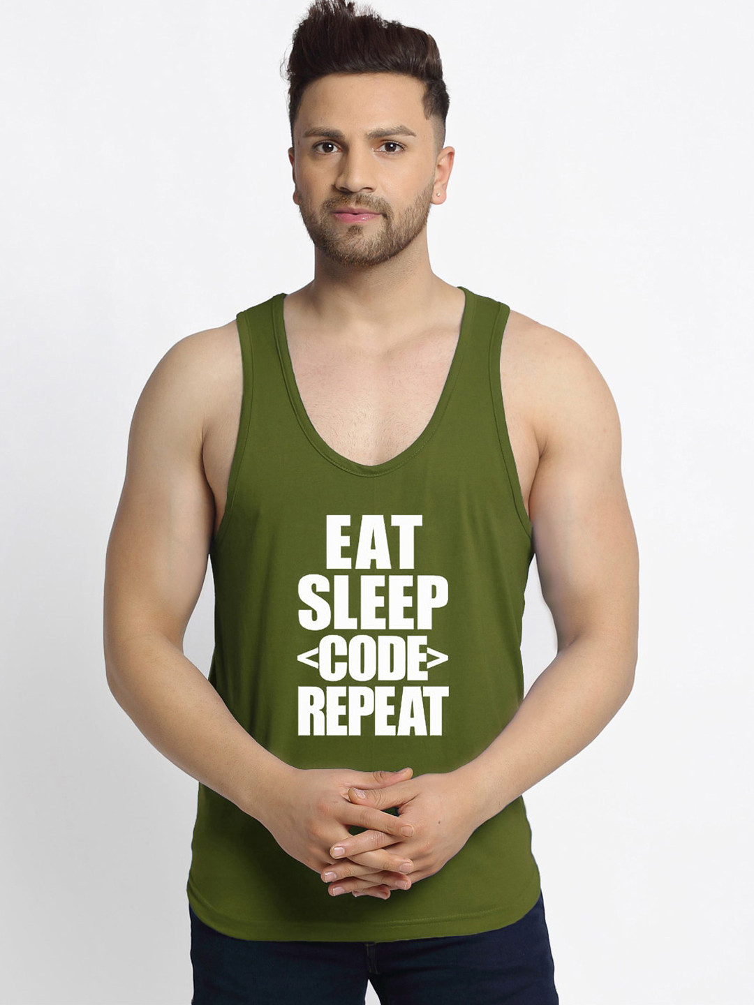 

Friskers Men Olive Printed Pure Cotton Gym Innerwear Vests
