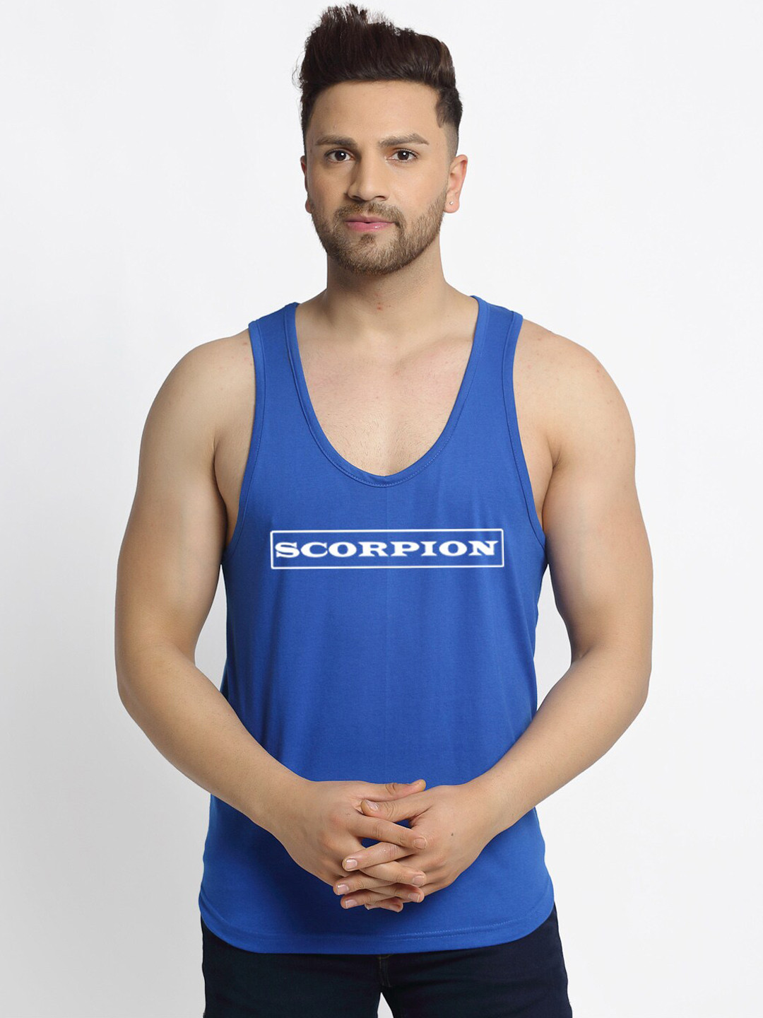 

Friskers Men Blue Printed Apple Cut Sleeveless Cotton Gym Vest