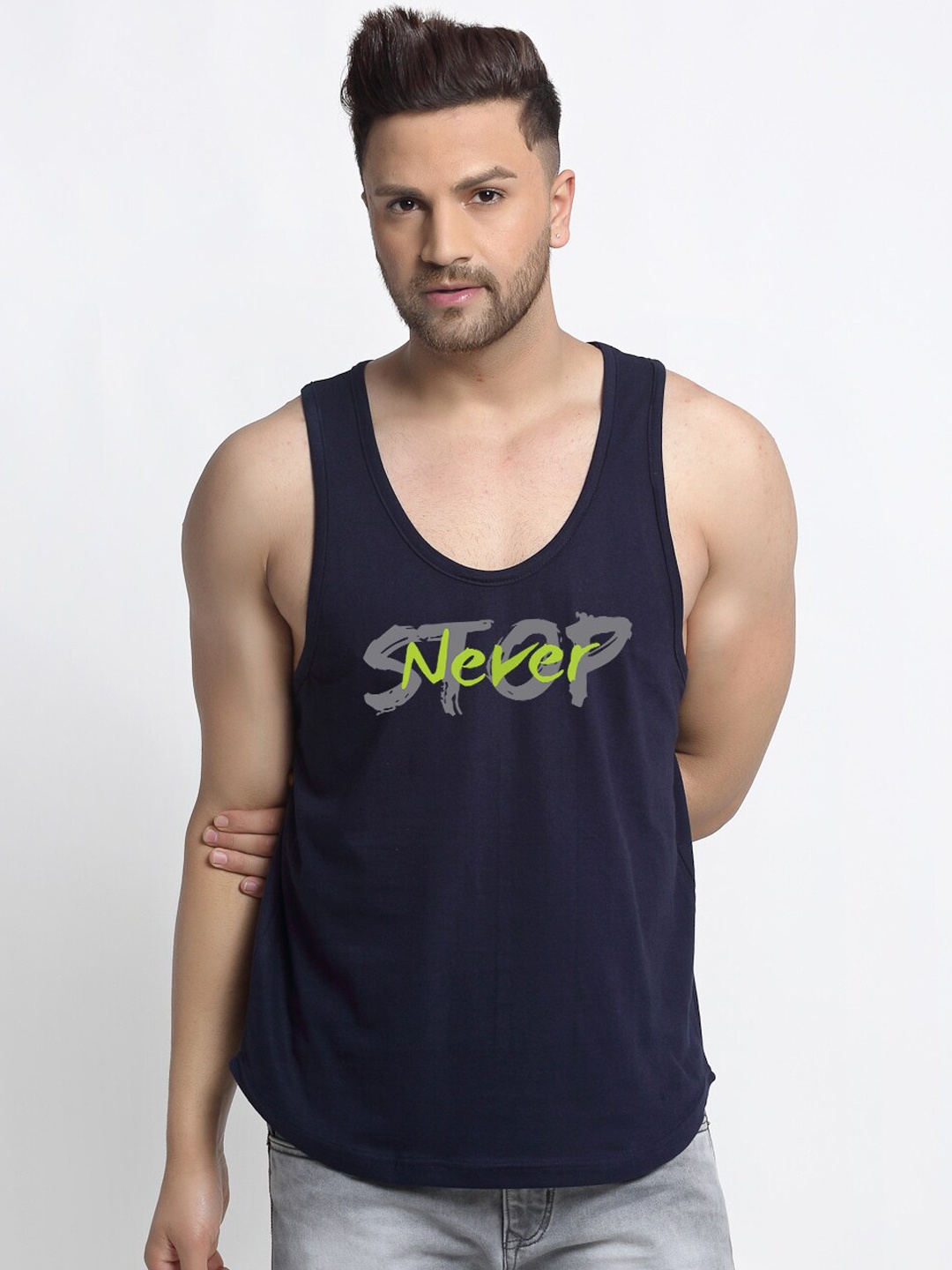 

Friskers Men Navy Blue & Green Never Stop Printed Sleeveless Cotton Innerwear Vests