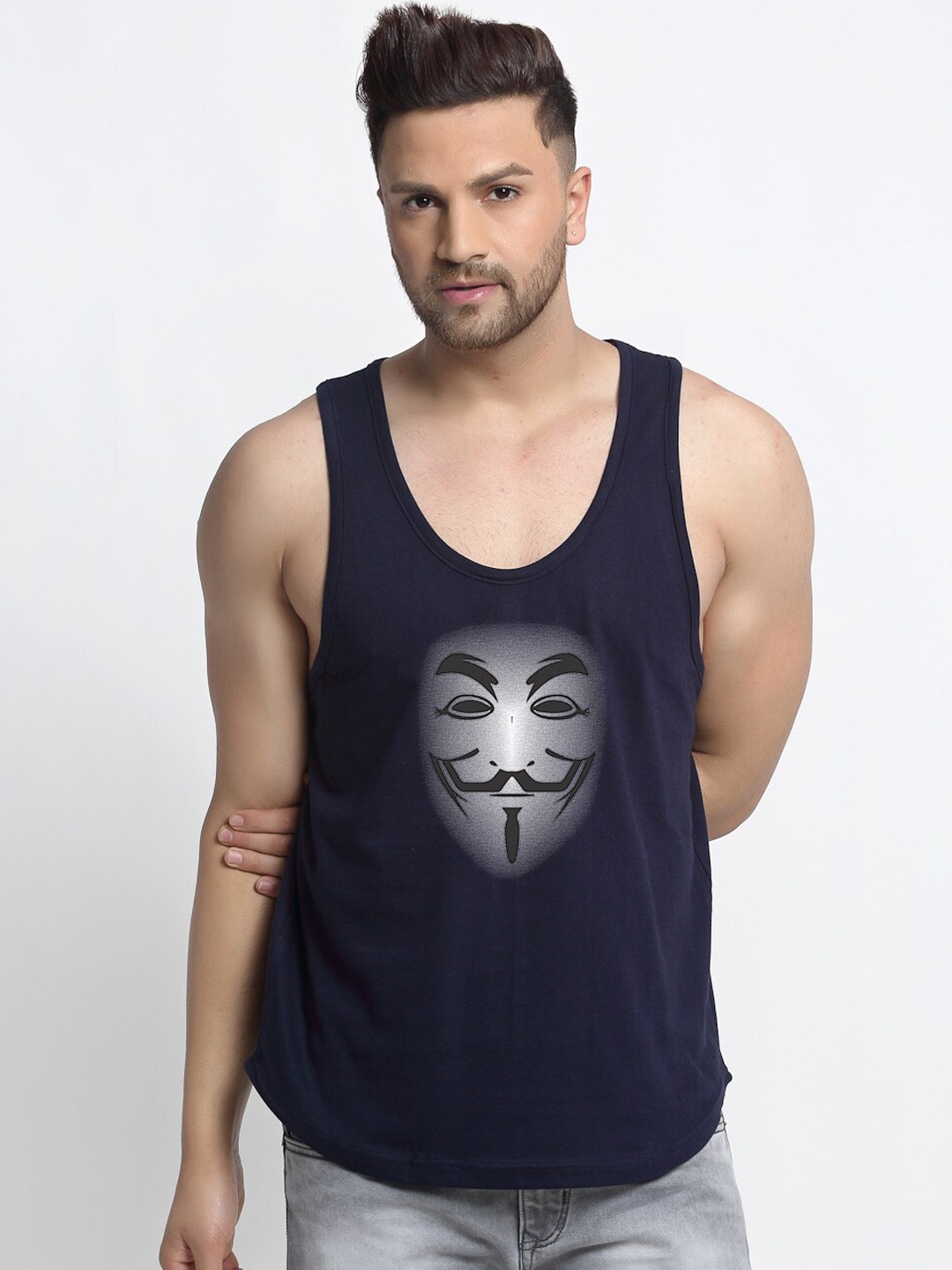 

Friskers Men Navy-Blue & White Printed Pure Cotton Gym Vest