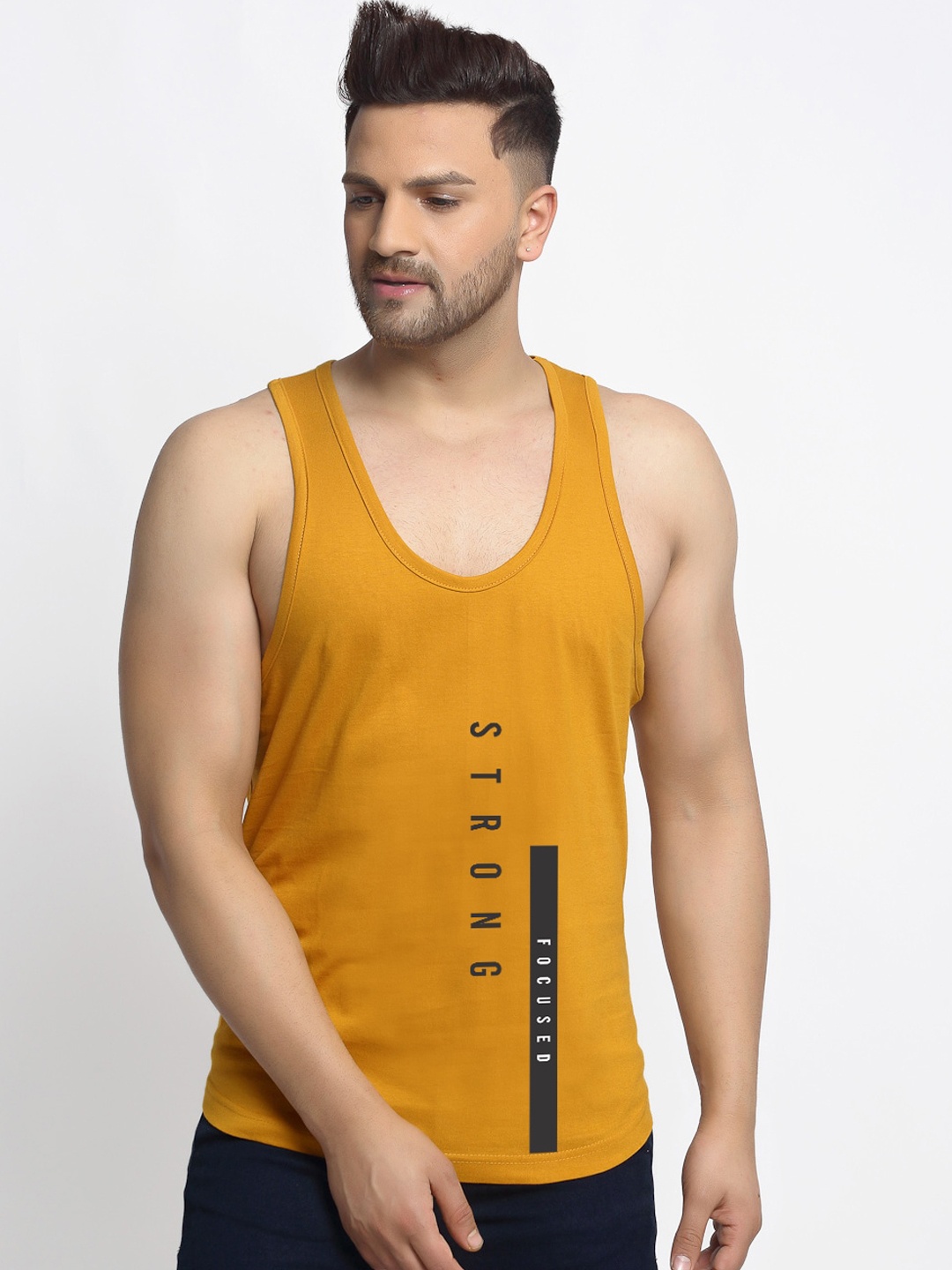 

Friskers Men Gold-Colored Printed Sleeveless Pure Cotton Innerwear Gym Vests