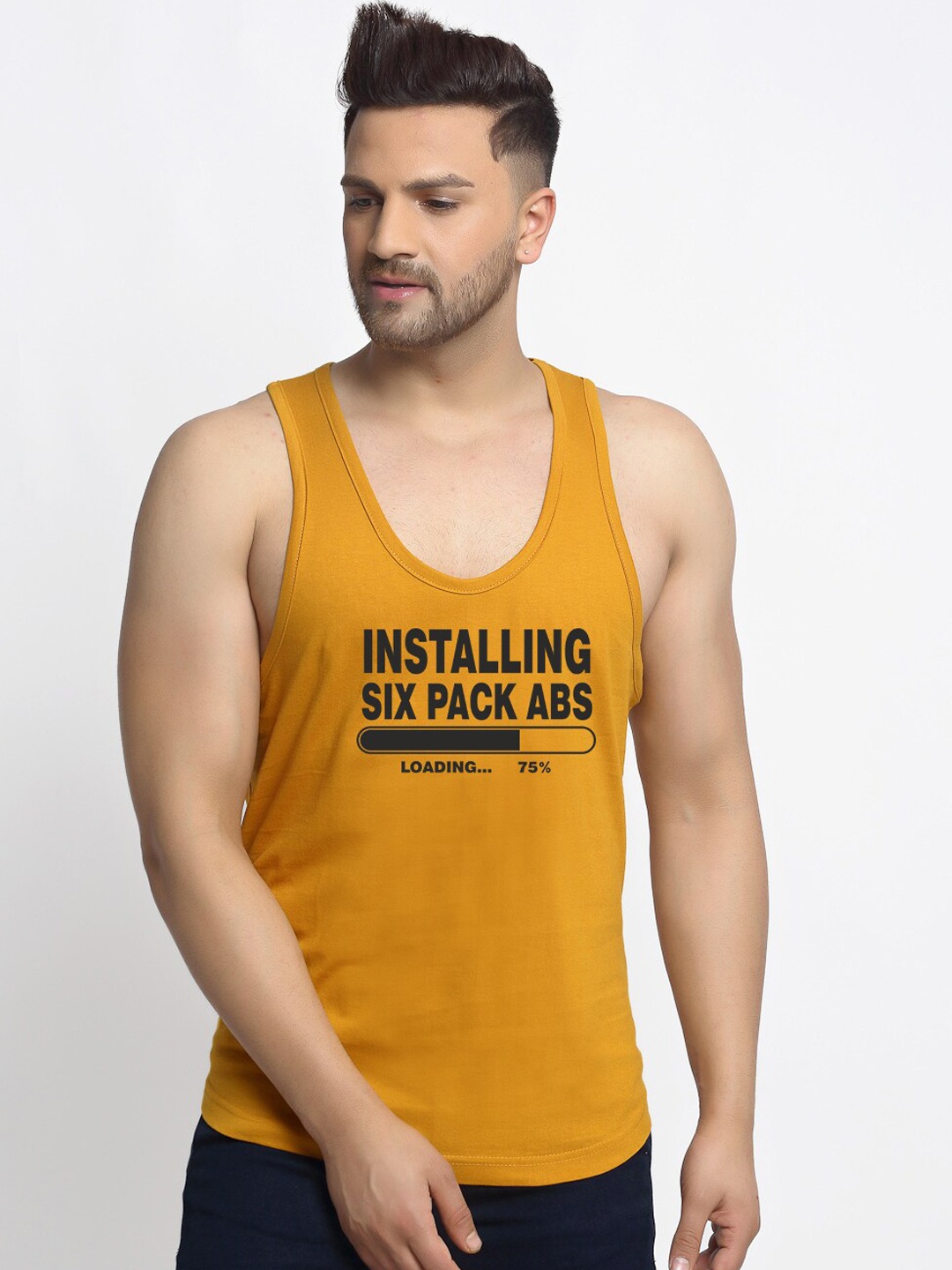 

Friskers Men Gold-Colored Printed Pure Cotton Innerwear Gym Vests