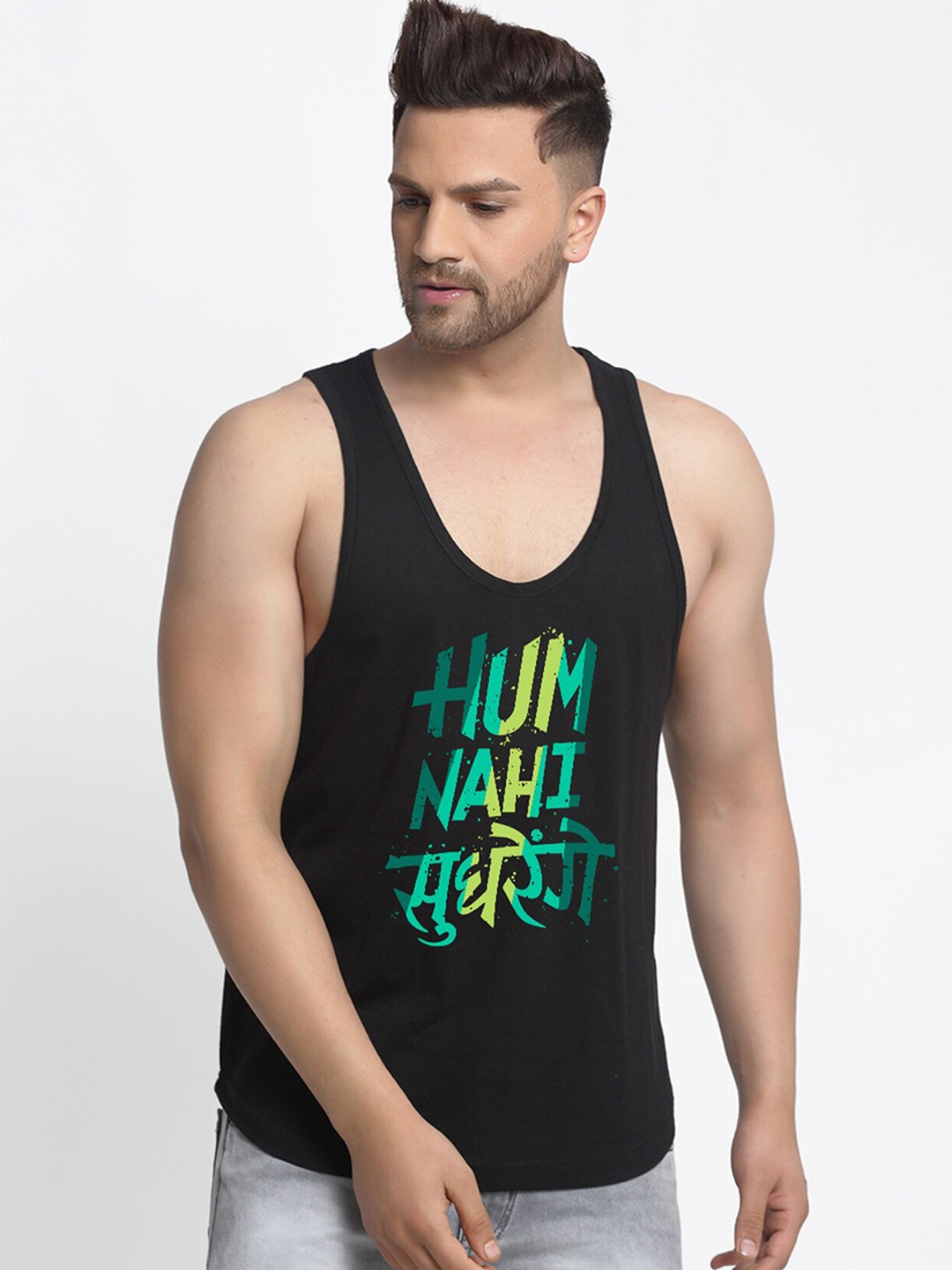 

Friskers Men Black Printed Pure Cotton Gym Innerwear Vests