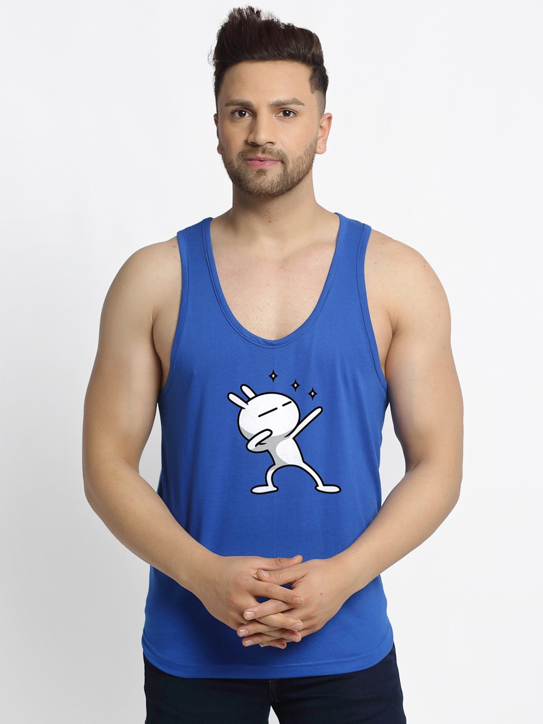

Friskers Men Blue & White Printed Pure Cotton Gym Vest