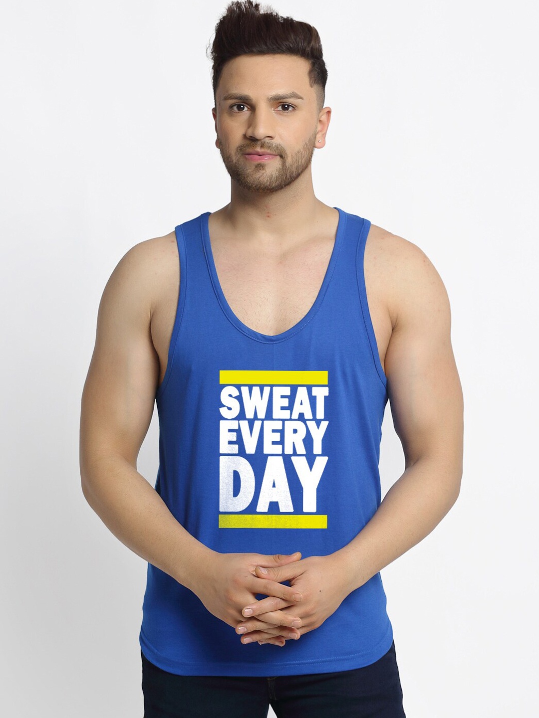 

Friskers Men Blue Printed Sleeveless Pure Cotton Innerwear Gym Vests