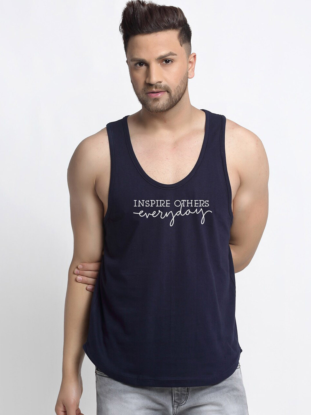 

Friskers Men Navy Blue Typography Printed Cotton Innerwear Vests