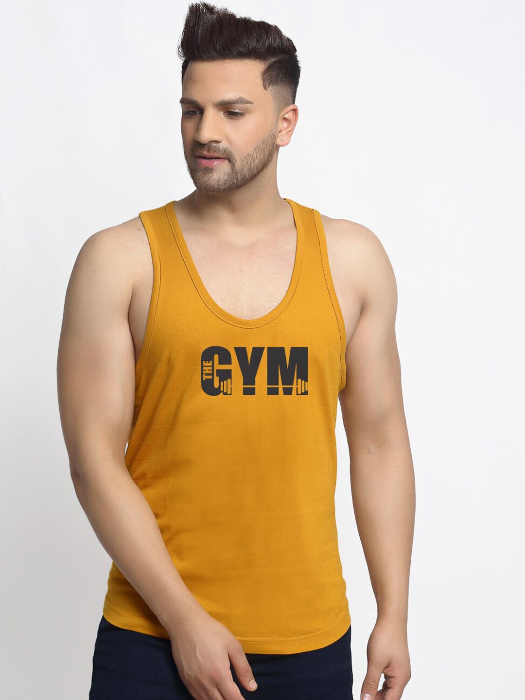 

Friskers Men ustard Printed Pure Cotton Gym Innerwear Vests, Mustard